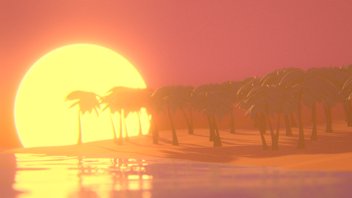 Sunset over a tropical beach with palm trees