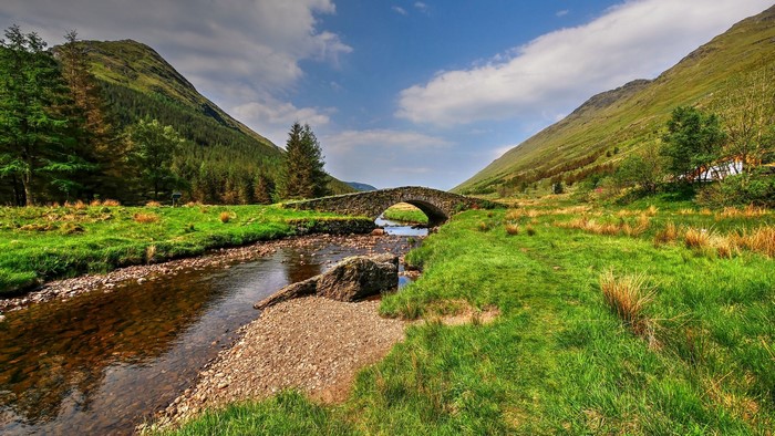 Butter Bridge over a river in Scotland with mountains