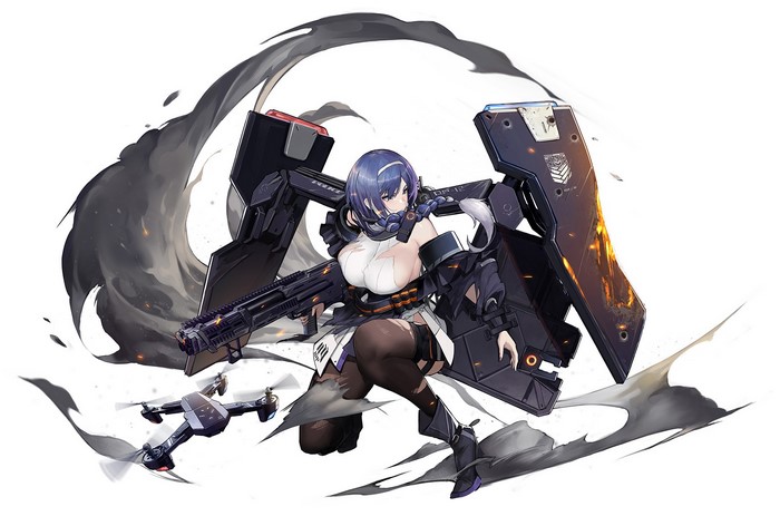 Anime girl with blue hair, drone, and weapon from Girls Frontline