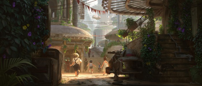 Futuristic city street with children playing