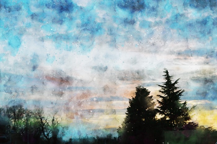 Watercolor painting of a cloudy sky over trees