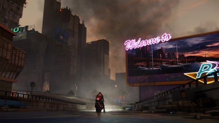 Cyberpunk 2077 motorcycle rider in a neon city