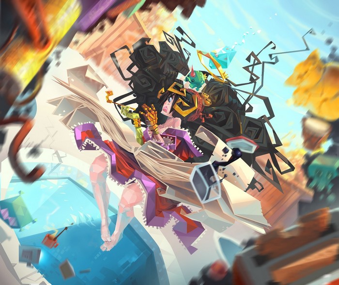 Woman with dark hair and purple dress flying