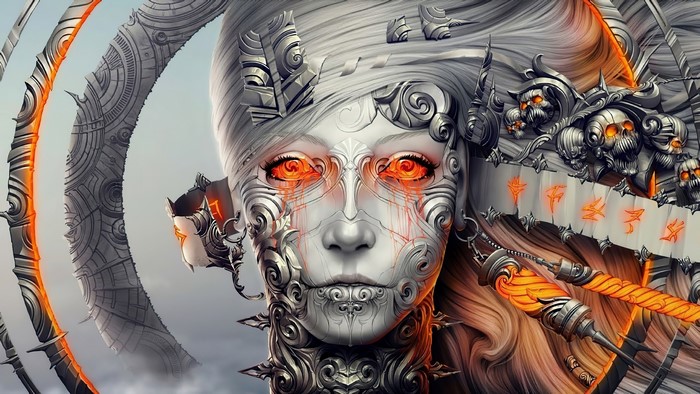Cyberpunk woman with glowing eyes and mechanical armor