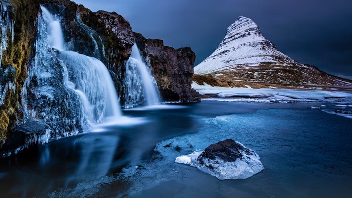 lake nature waterfall long exposure mountains landscape snowy