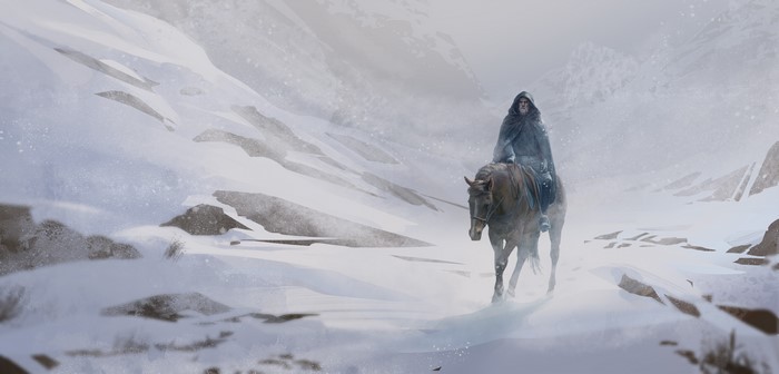 Geralt of Rivia from The Witcher 3 on horseback in snow