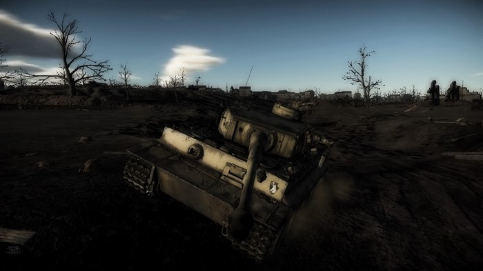 Tank in a desolate war-torn landscape