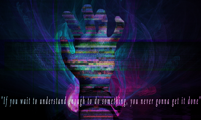 Glitchy hand with quote on abstract background
