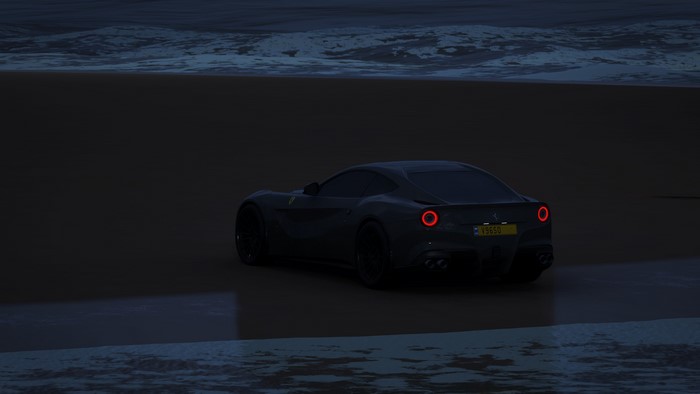 Dark Ferrari F12berlinetta on a beach in Forza Horizon 4
