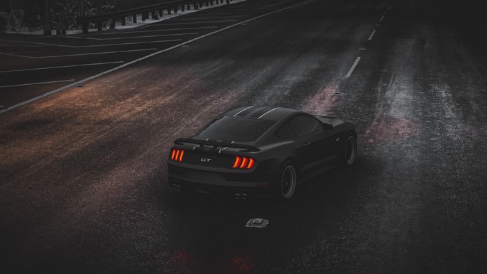 Ford Mustang GT on a wet road