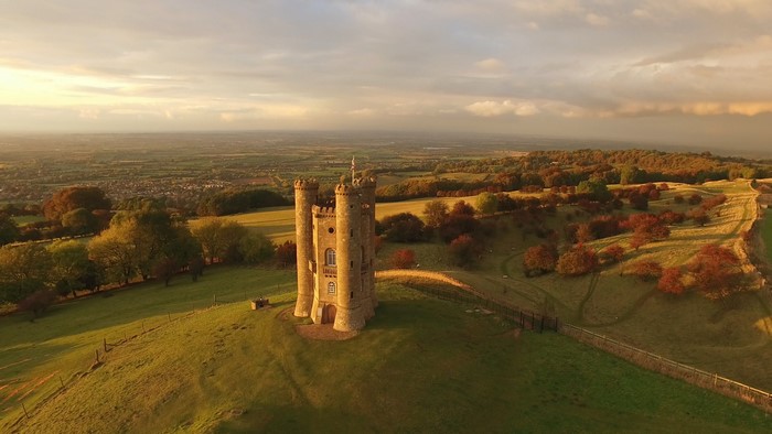 Broadway Tower Worcestershire aerial view at sunset