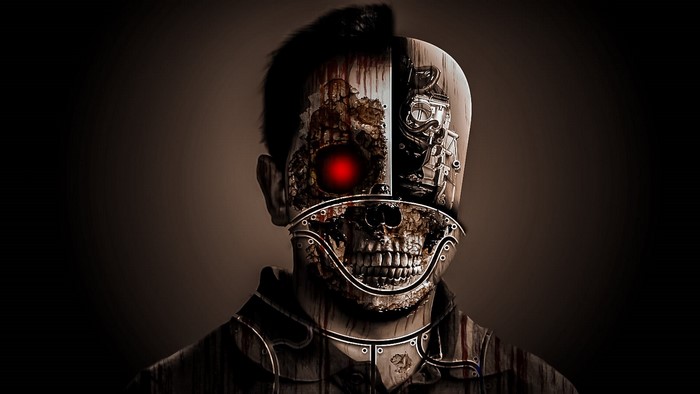 Horror cyborg skull with red eye