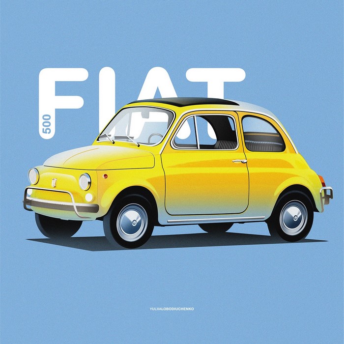 Yellow Fiat 500 illustration with FIAT typography