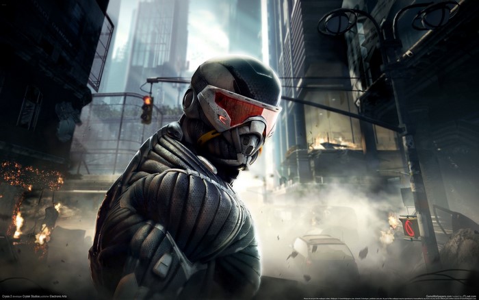 Crysis 2 video game character in destroyed city