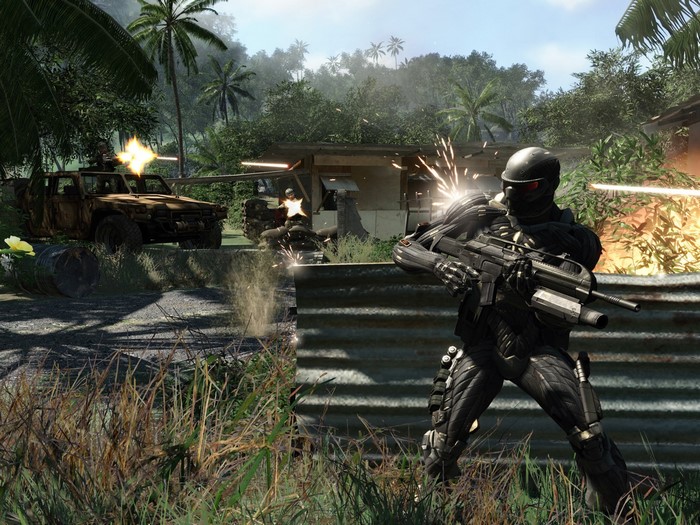 Soldier in Nanosuit firing weapon in Crysis 2