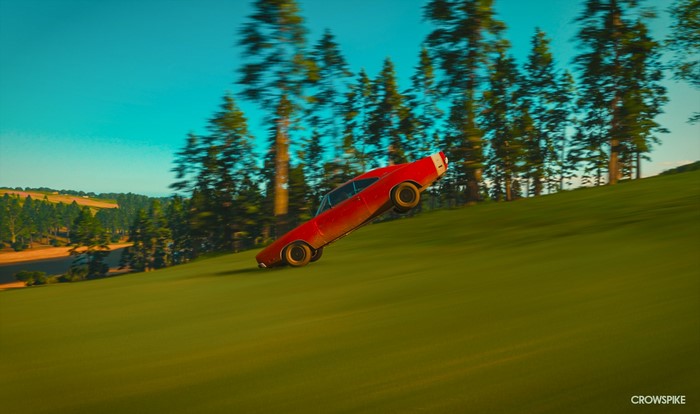 Red Dodge Challenger R/T driving on a grassy hill in Forza Horizon 4