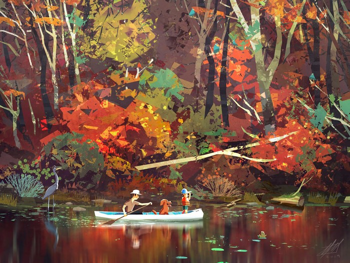 Canoe trip in autumn forest by Mike McCain