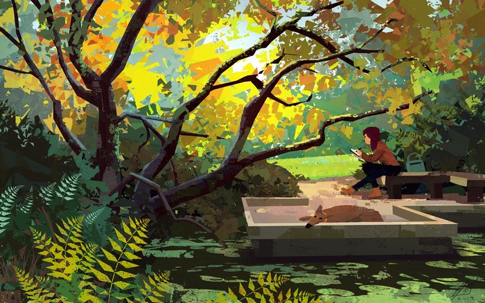 Woman and dog by a pond with trees
