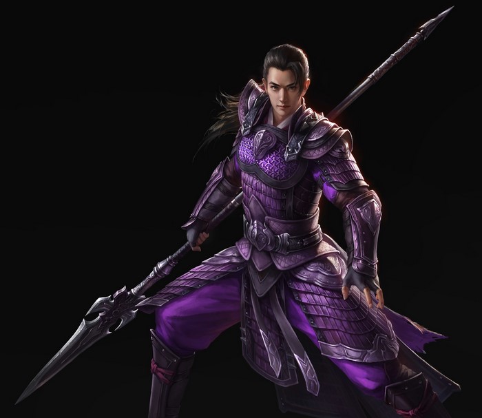Warrior in purple armor holding a spear