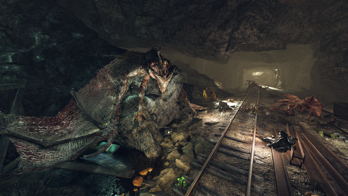 Scorchbeast in a dark mine in Fallout 76