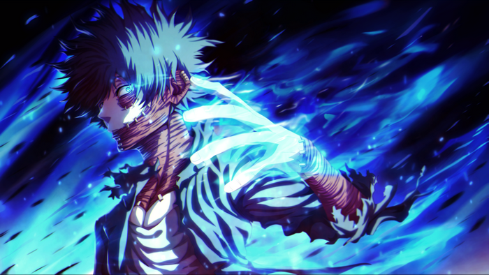 Dabi from Boku no Hero Academia with blue flames