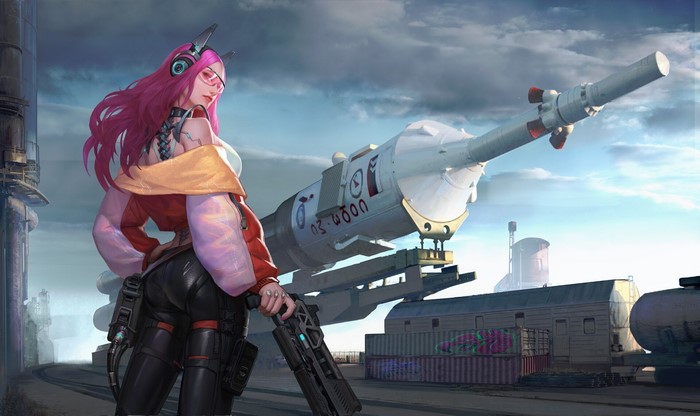 Woman with pink hair and guns near rocket