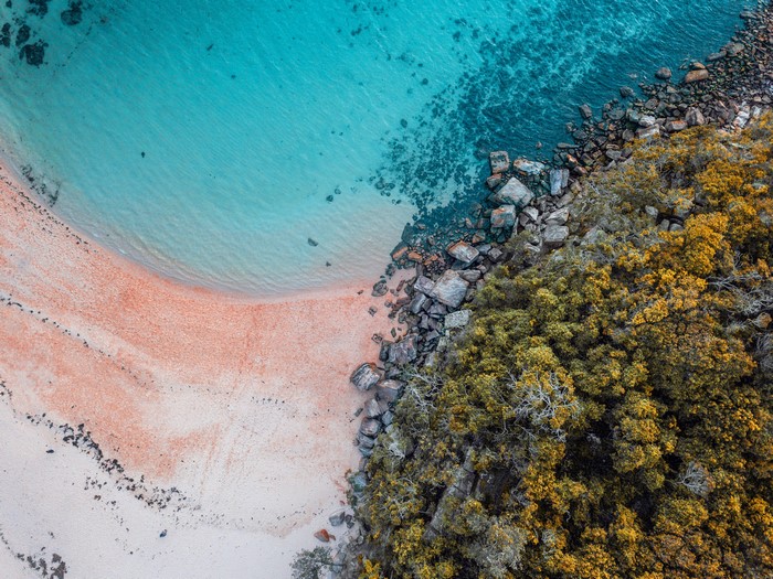 Aerial view of a beach and rocky coastline