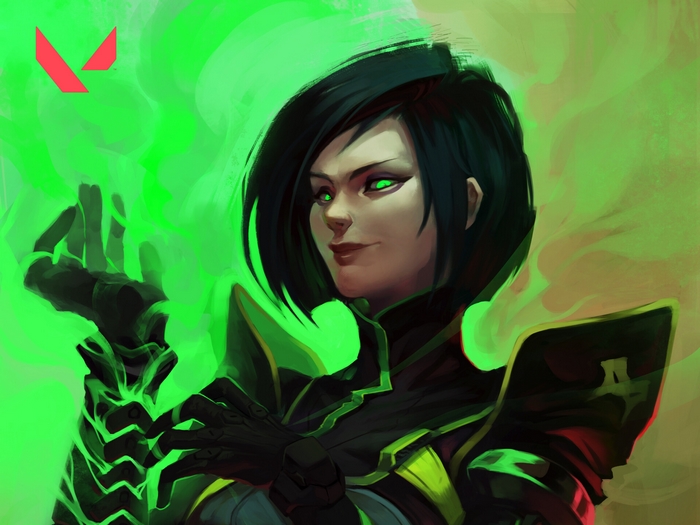 Viper from Valorant with green smoke