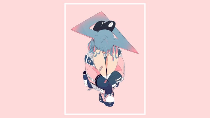 4K anime girl with blue hair and triangle ruler