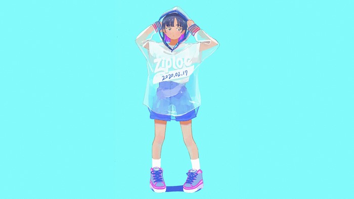 Anime girl in Ziploc poncho and shorts
