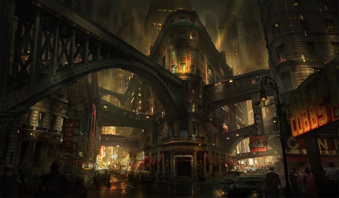 Eddie Mendoza's futuristic city street with elevated walkways