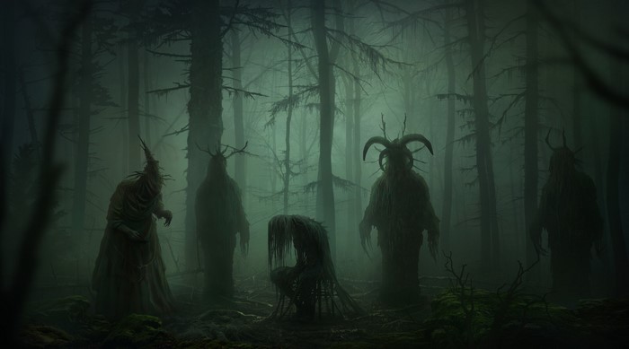 Five figures in a dark, misty forest