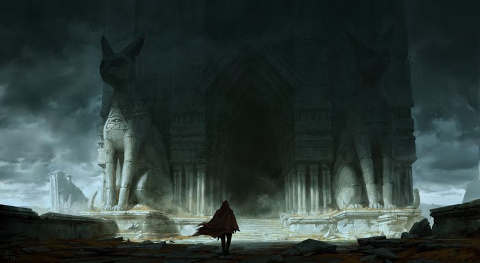 Figure in a red cloak approaches ancient Egyptian ruins with sphinx statues