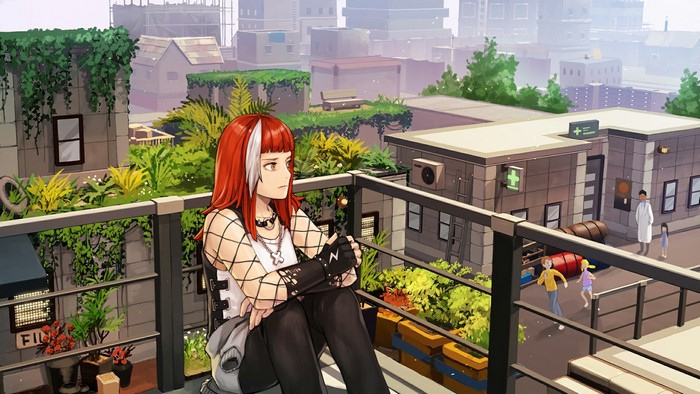 Hero Irene from TROUBLESHOOTER sitting on a balcony