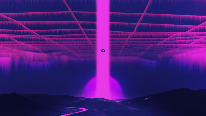 Alien abduction in a vaporwave landscape