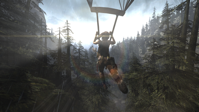 Lara Croft from Tomb Raider (2013) paragliding in a forest