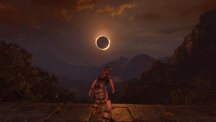 Lara Croft in Shadow of the Tomb Raider during an eclipse