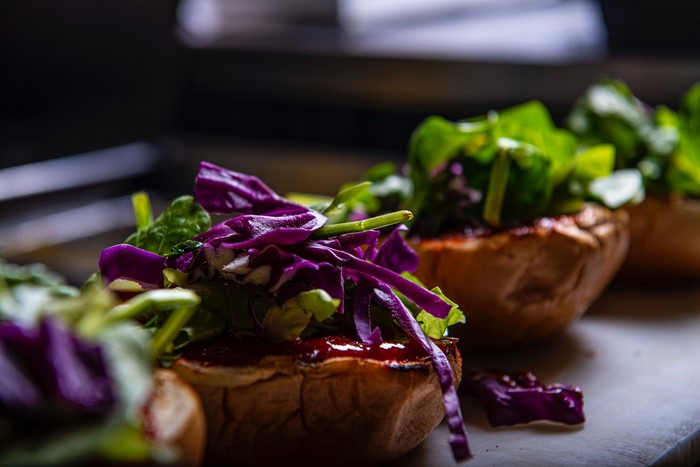 Burgers with red cabbage and lettuce