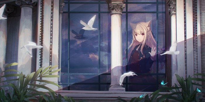 Anime girl with animal ears by a window