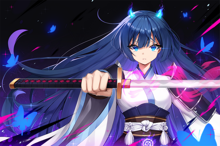 Anime girl with blue hair and horns holding a sword