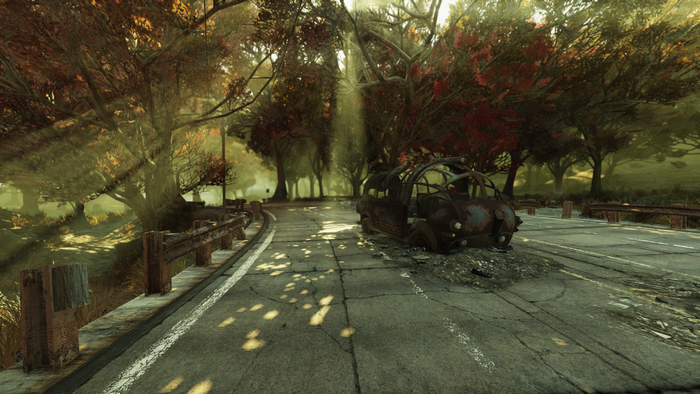 Ruined bus on a road in a post-apocalyptic forest