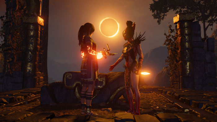 Lara Croft from Shadow of the Tomb Raider during an eclipse