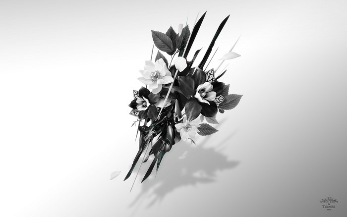 Black and white floral illustration with shadow