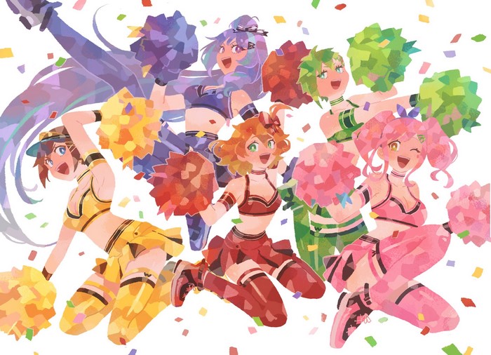 Anime girls as cheerleaders with pom-poms