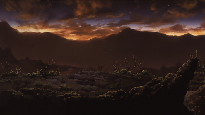 Anime landscape with mountains and clouds at sunset