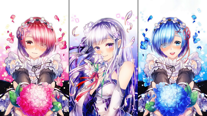 Ram, Rem, and Emilia from Re:Zero holding flowers