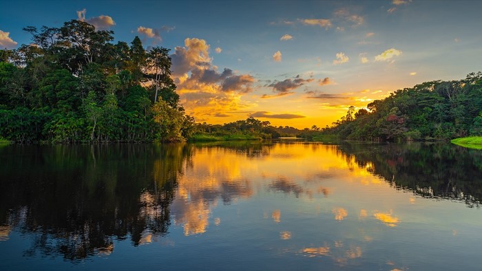 Sunset over a river in the Amazon rainforest, Ecuador