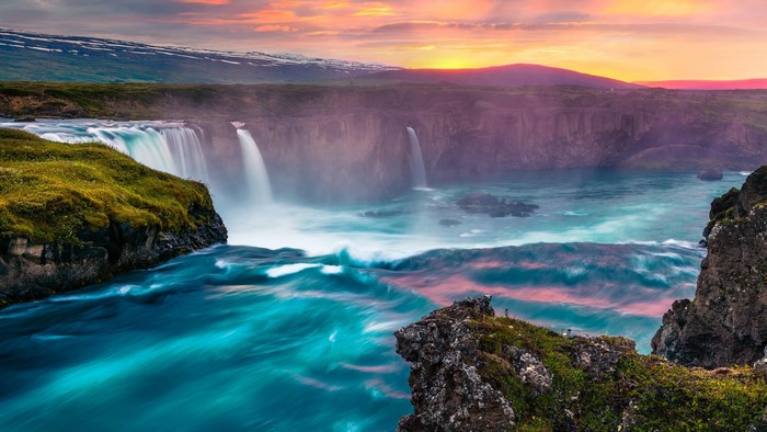 Godafoss waterfall in Iceland during sunset