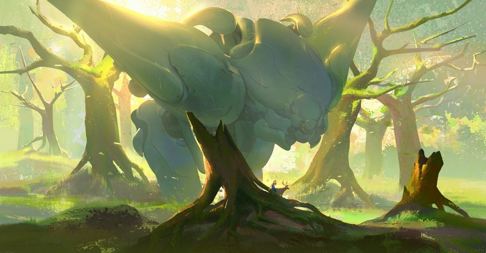 Giant mech in a sunlit forest with deer