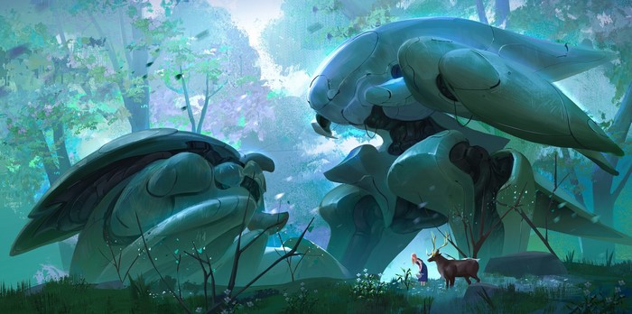 Fantasy girl and deer near giant mechs in forest